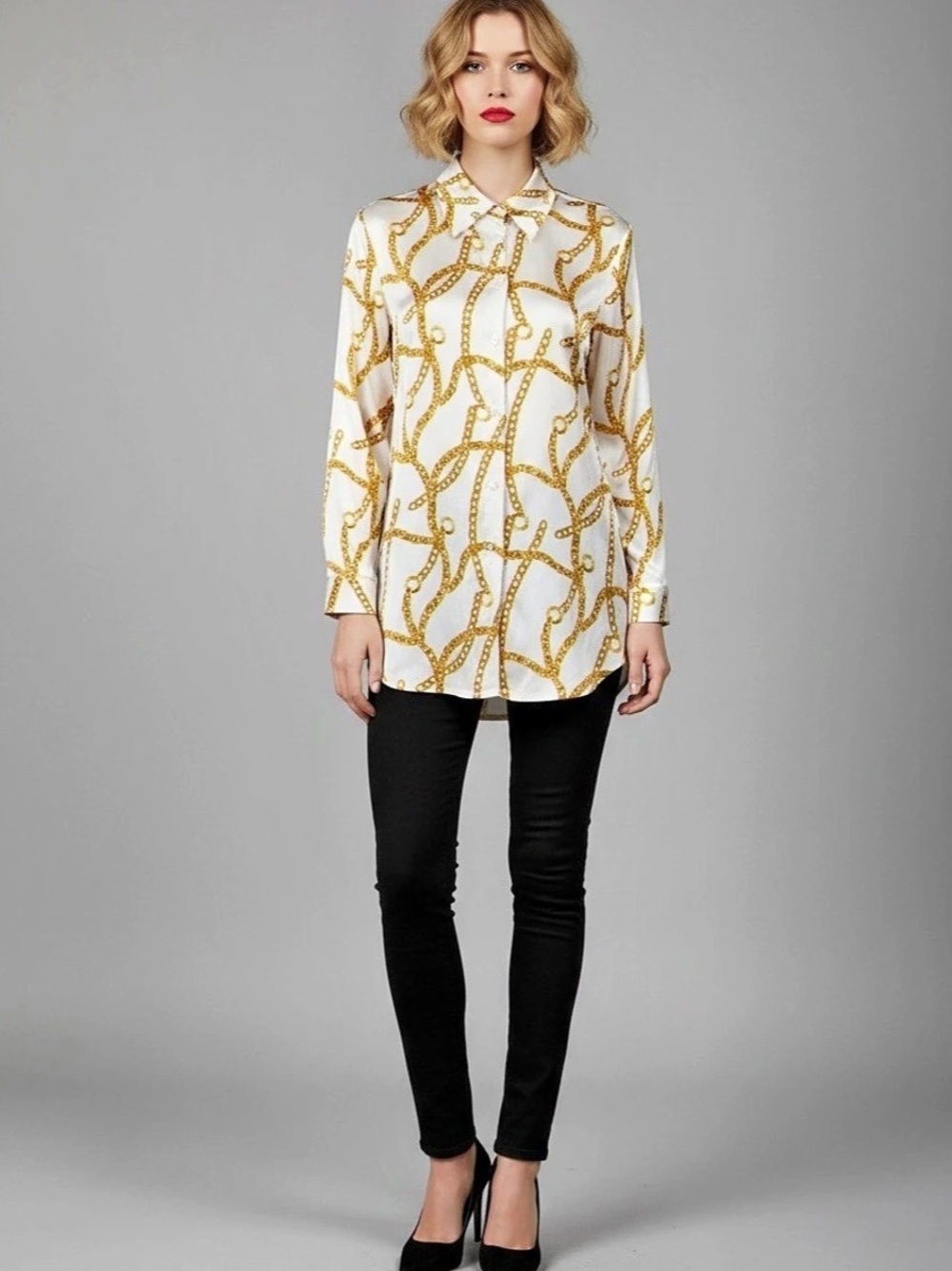 Celine 2007/0728 Chain Print Button Down Shirt White & Gold Size 40